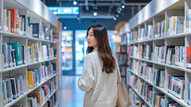 Woman in a library exploring bookshelves filled with books, embracing the joy of reading and knowledge