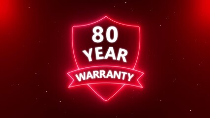 80 years warranty quality assurance with shield emblem stamp badges symbol of product guarantee animated. Neon Warranty shield Animation. Business guarantee animated. Support service icon,