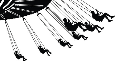 Naklejka premium Silhouette vector of people riding chain swing carousel, amusement park attraction with flying chairs, isolated on white background.