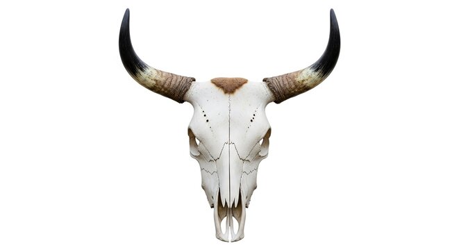A detailed close-up studio shot of a white bull skull with large horns isolated on a white background, showcasing its intricate bone structure