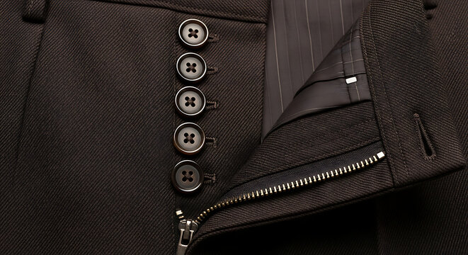 Dark dress pants detail with buttons and zipper