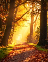 Obraz premium Golden sunlight bursts through trees along a path