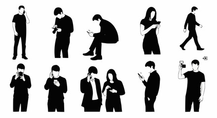 Collection of Silhouettes of People Using Mobile Phones in Various Poses.
