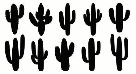 Set of ten black hand drawn saguaro cactus silhouettes.