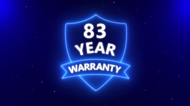 83 years warranty quality assurance with shield emblem stamp badges symbol of product guarantee animated. Neon Warranty shield Animation. Business guarantee animated. Support service icon,