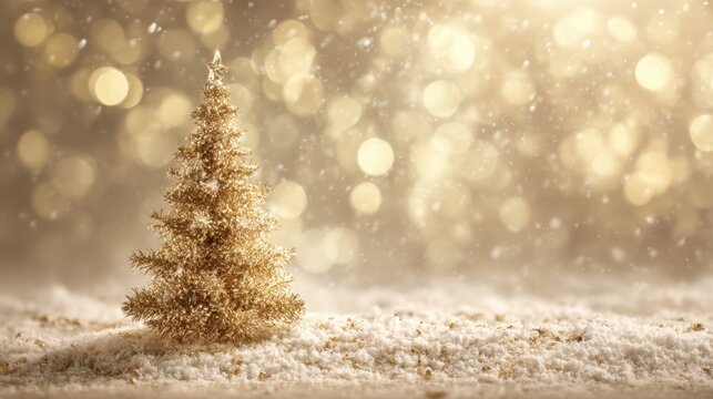 A gold tree is standing in the snow. The snow is falling around the tree, creating a peaceful and serene atmosphere
