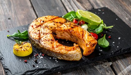 Grilled salmon steak on black stone with salad and lemon