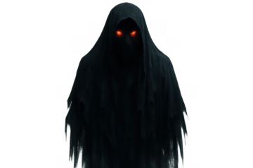 Dark hooded figure with glowing red eyes representing fear, spirit, death, demon, and evil on transparent background