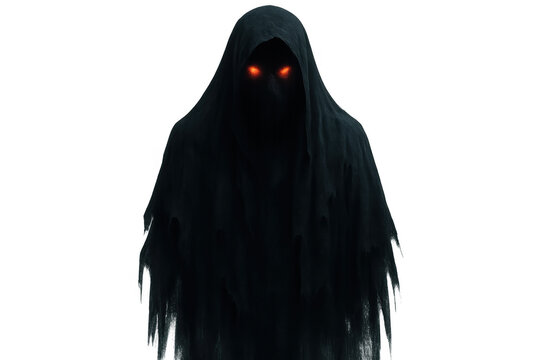 Dark hooded figure with glowing red eyes representing fear, spirit, death, demon, and evil on transparent background