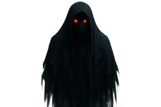 Dark hooded figure with glowing red eyes representing fear, spirit, death, demon, and evil on transparent background