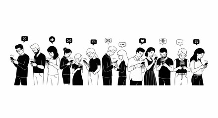 Diverse group of people engrossed in their smartphones with social media icons.