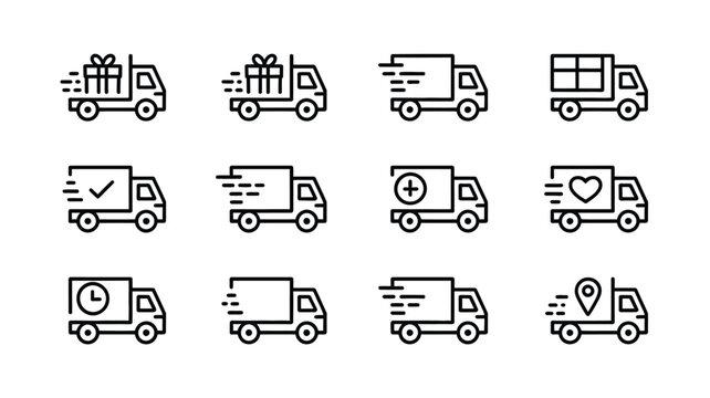 A collection of delivery truck icons representing various shipping services and concepts.