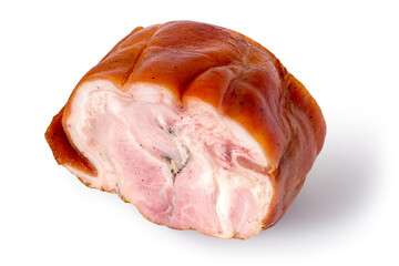 Smoked meatloaf on a white background. Natural pork meat with lard