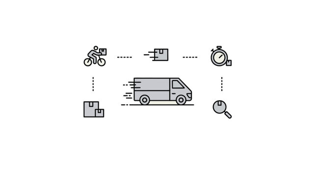 Delivery icons depict a van, bicycle courier, packages, stopwatch, and magnifying glass.