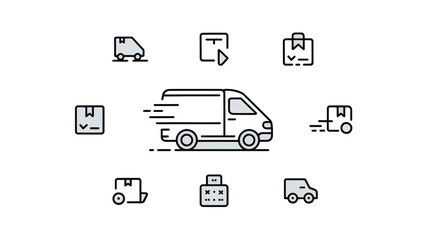 Delivery van and package icons represent fast shipping and logistics services
