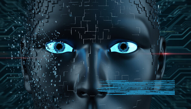 Digital Sentience: A futuristic close-up of a cyborg's face, its glowing blue eyes hinting at artificial intelligence, surrounded by intricate digital patterns.