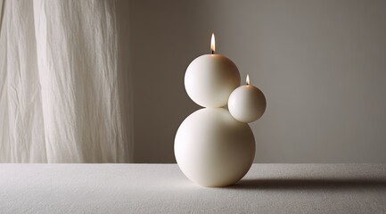 Spherical candles burn on table, draped background, neutral tones