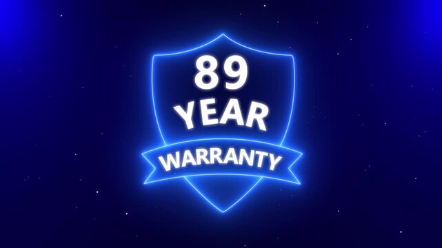 89 years warranty quality assurance with shield emblem stamp badges symbol of product guarantee animated. Neon Warranty shield Animation. Business guarantee animated. Support service icon,