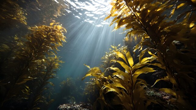 Sunlight streams through a vibrant underwater kelp forest illuminating the marine ecosystem