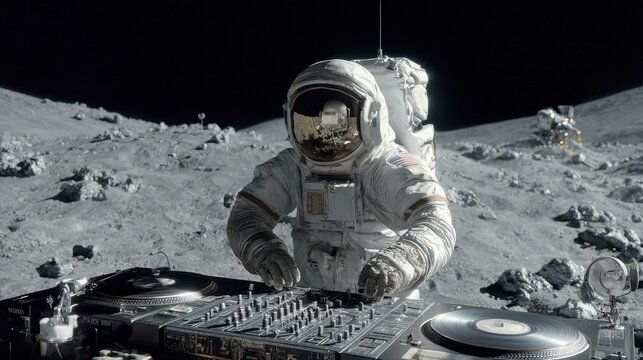 An astronaut stands at a DJ table on the moon mixing tracks while surrounded by the lunar landscape. The bright stars and Earth are visible in the background creating a surreal atmosphere.