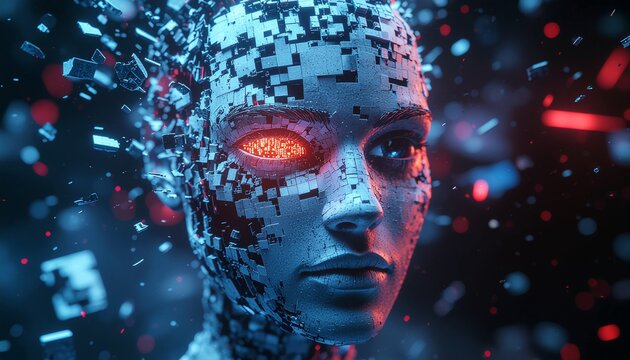 Digital Being's Gaze: A mesmerizing depiction of a digital entity, with a fragmented form and a glowing eye, conveying a sense of futuristic technology and the potential of artificial intelligence.