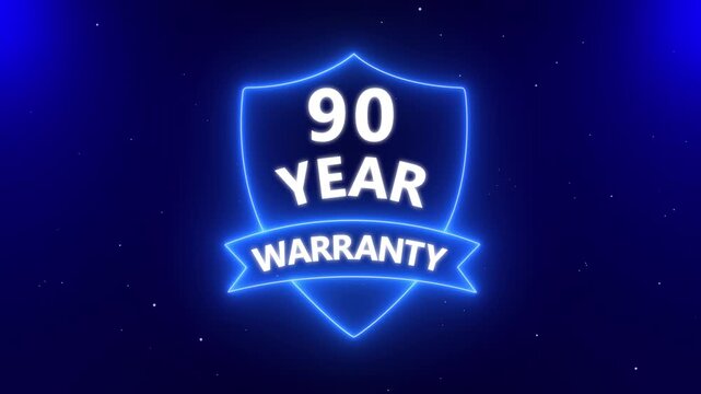 90 year warranty quality assurance with shield emblem stamp badges symbol of product guarantee animated. Neon Warranty shield Animation. Stamp, Imprint, Seal Template. Business guarantee