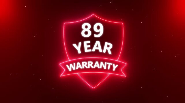 89 years warranty quality assurance with shield emblem stamp badges symbol of product guarantee animated. Neon Warranty shield Animation. Business guarantee animated. Support service icon,