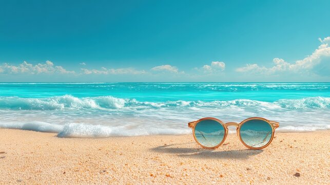 A pair of stylish sunglasses is placed on fine sandy beach while bright turquoise waves roll in under a sunny clear sky. The calmness of the scene evokes relaxation.