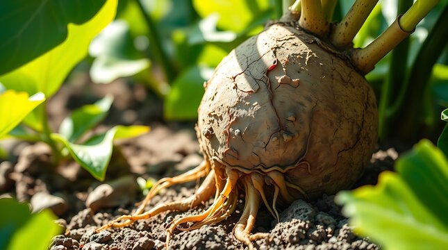 Close up of a celeriac growing in the garden soil