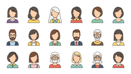 A diverse collection of colorful flat line user profile avatars representing different ages and genders