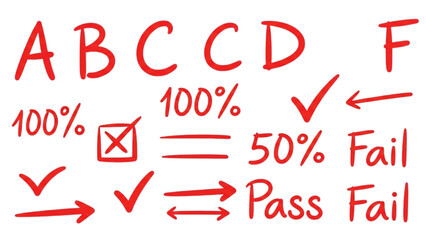 Illustrative display of academic grading symbols, success indicators, and failure markers for educational assessment