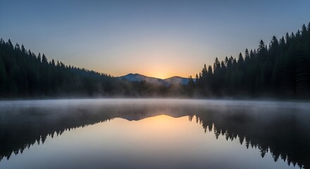 Fototapeta premium Serene misty lake reflecting dark pine forest and distant mountains at sunrise