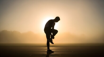 Silhouette of a male athlete tying shoe on running track during foggy sunrise