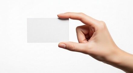 A woman's hand holding a blank white business card or visit card. An empty mockup template isolated on a white background for your design or contact information