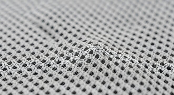 Close up view of a light grey mesh fabric with a repeating diamond pattern and a dark background