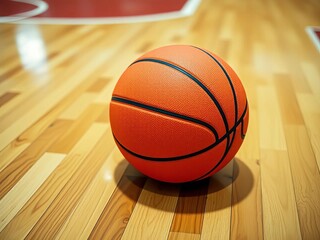 Obraz premium Orange basketball resting on polished wooden court floor, texture, game