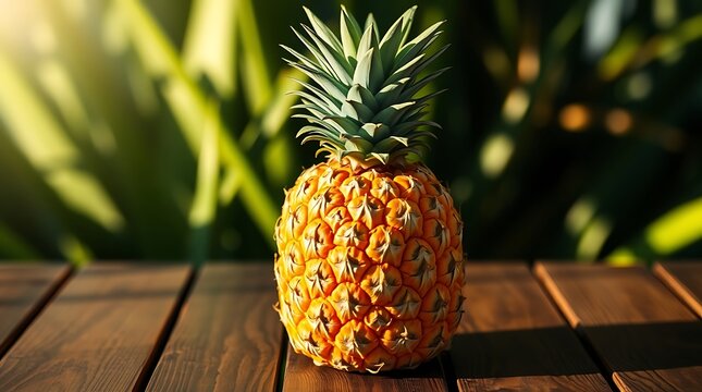 A ripe pineapple on a wooden table in bright light