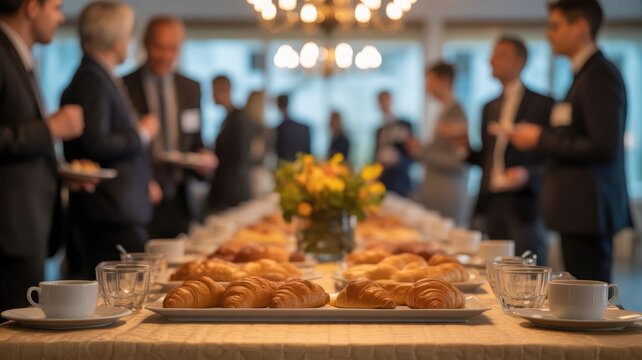 Elegant corporate breakfast meeting with croissants and coffee fosters collaboration and networking - Powered by Adobe