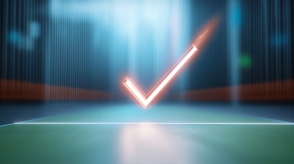 A vibrant graphic of a glowing check mark on a sports field background, symbolizing success and achievement in athletic pursuits.