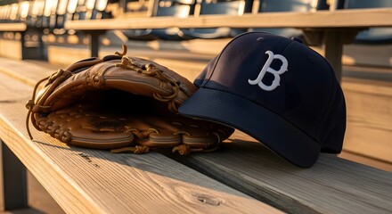 Baseball glove and navy cap with white 'B' emblem resting on wooden bleachers