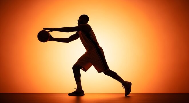 Silhouette of a male basketball player dribbling a ball against an orange gradient background