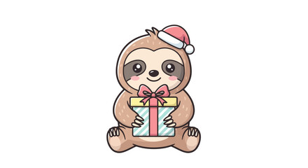 Naklejka premium Adorable cartoon sloth wearing a festive Santa hat and holding a beautifully wrapped Christmas gift, perfect for holiday greetings and seasonal designs