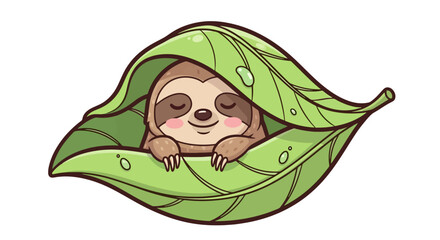 Naklejka premium Charming kawaii sloth character smiling with closed eyes, snuggled up cozily inside a large tropical leaf with dew drops, a symbol of serene nature and relaxation