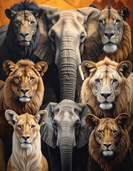 Group of lions and elephants, arranged as a central formation