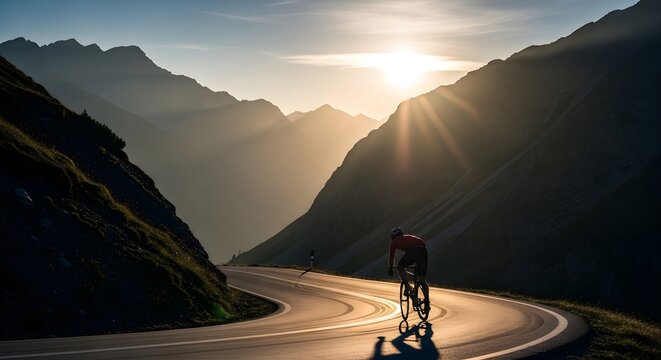 A lone cyclist rides a winding mountain road at sunset silhouetted against the sun