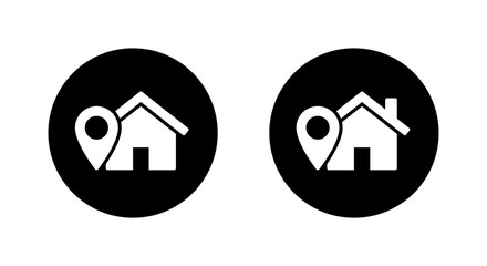 Home location icon in black circle. House with map pin symbol. Residential address sign