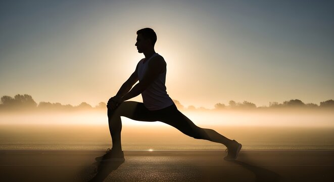 Silhouette of a man stretching outdoors at sunrise with misty fields in the background - Powered by Adobe