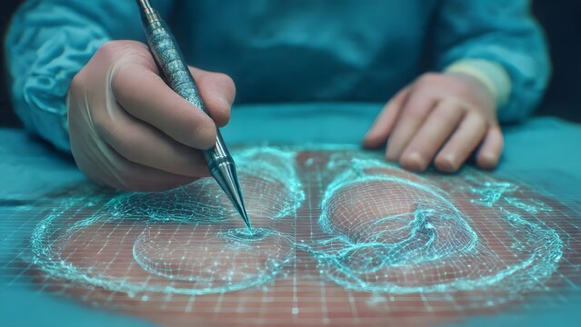 Ultra-realistic close-up of a surgeon in scrubs with a pen-like instrument above a holographic incision plan in a bright surgical suite, teal lighting - Powered by Adobe