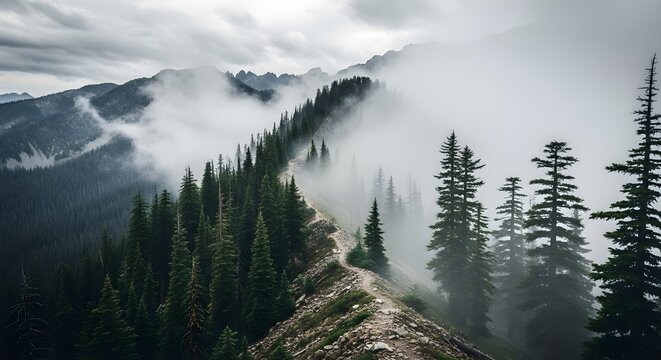 A winding mountain trail through dense evergreen forest shrouded in atmospheric mist - Powered by Adobe