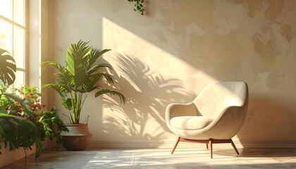 Sun-Drenched Serenity - Armchair and Plants in a Light-Filled Room.